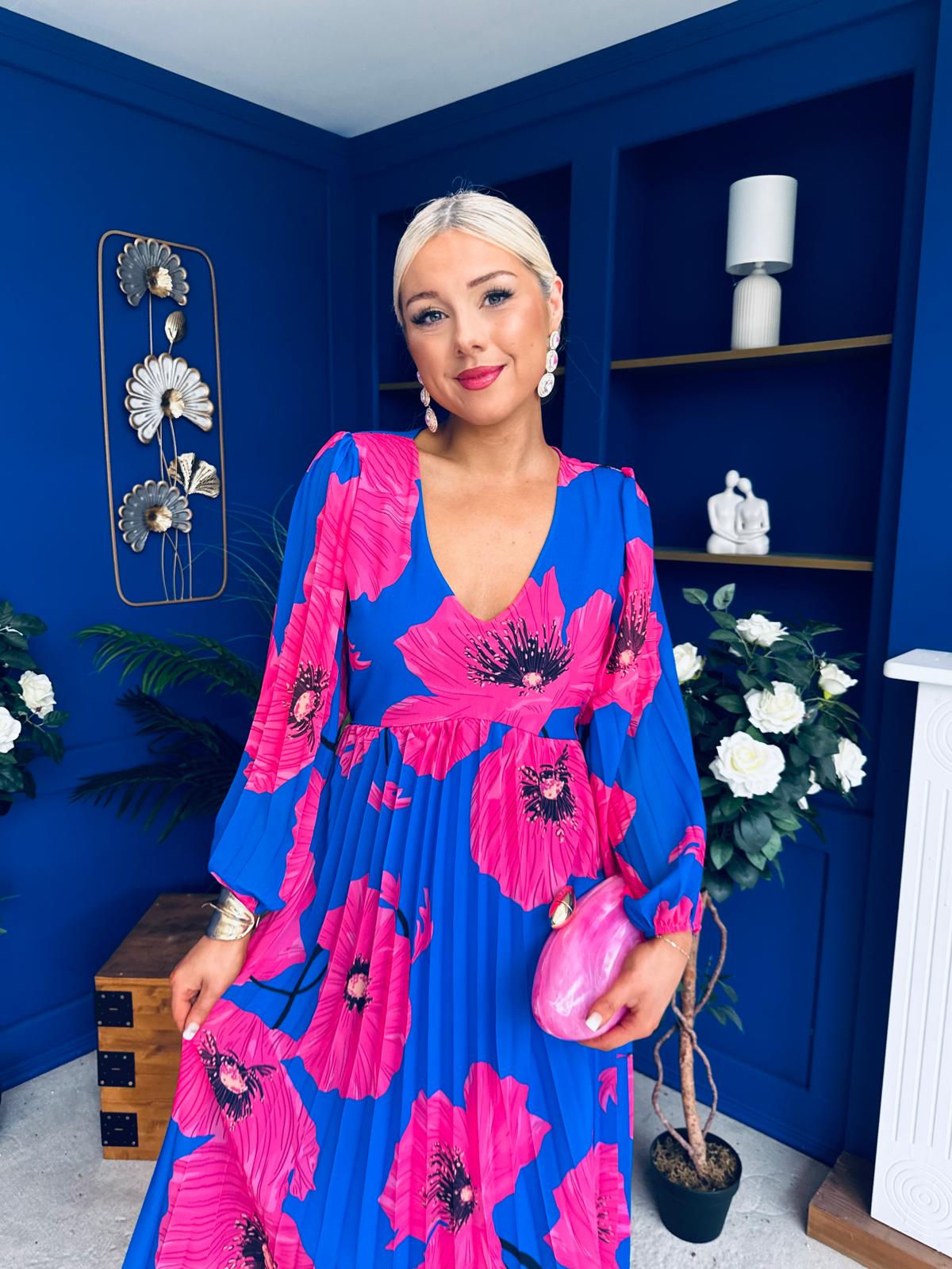 Caitriona Pleated Midi Dress Floral Cobalt