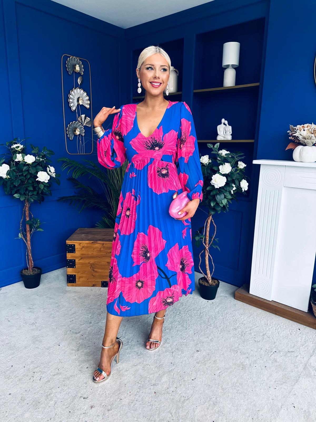 Caitriona Pleated Midi Dress Floral Cobalt