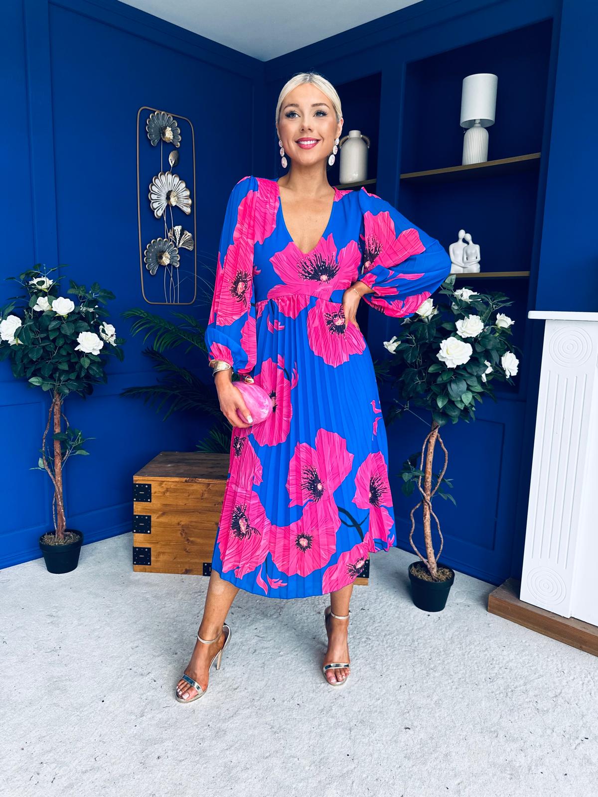 Caitriona Pleated Midi Dress Floral Cobalt