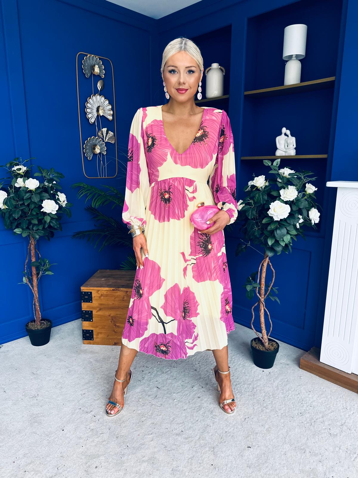 Caitriona Pleated Midi Dress Floral Yellow