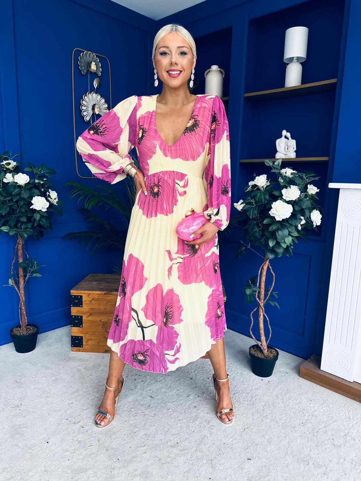 Caitriona Pleated Midi Dress Floral Yellow