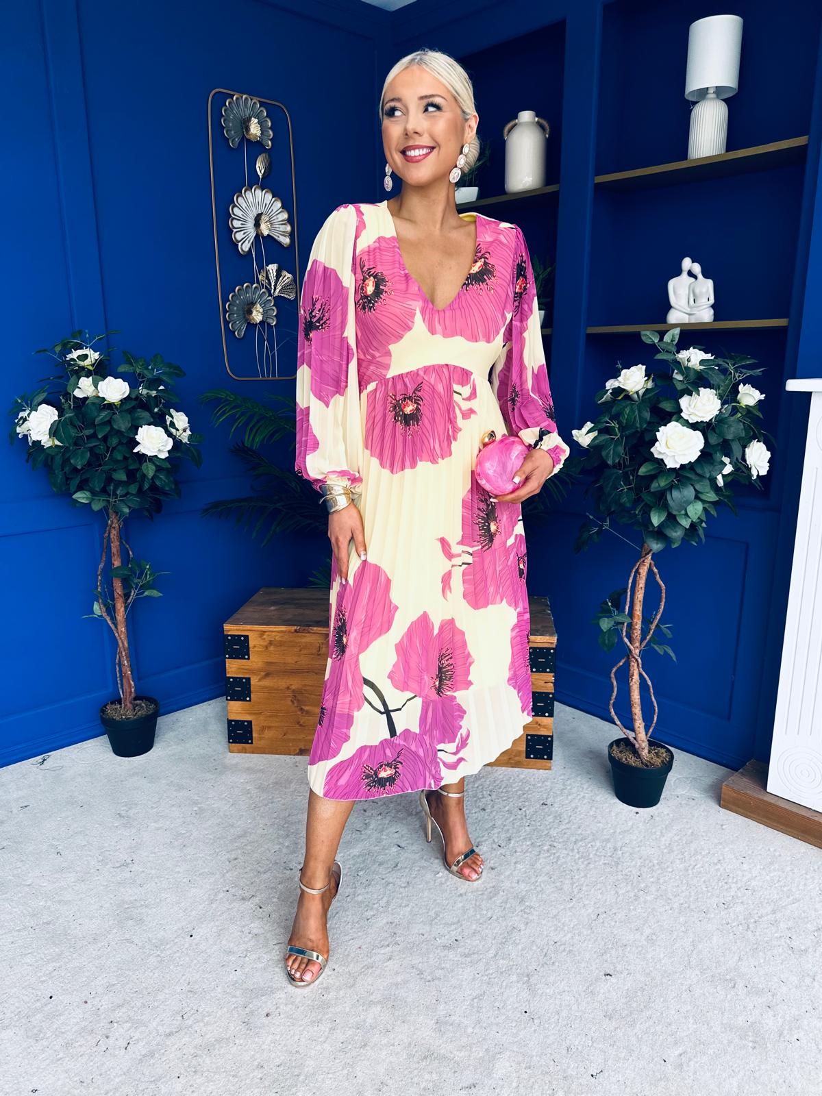 Caitriona Pleated Midi Dress Floral Yellow