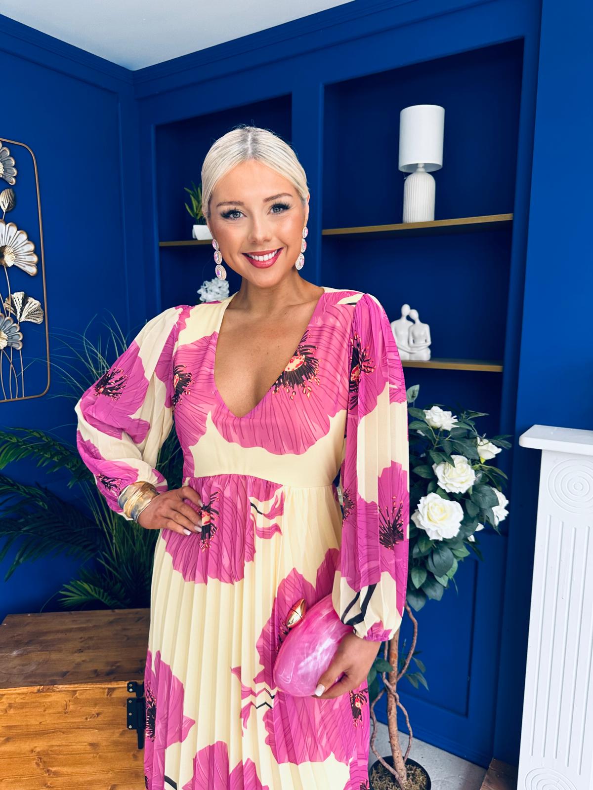 Caitriona Pleated Midi Dress Floral Yellow