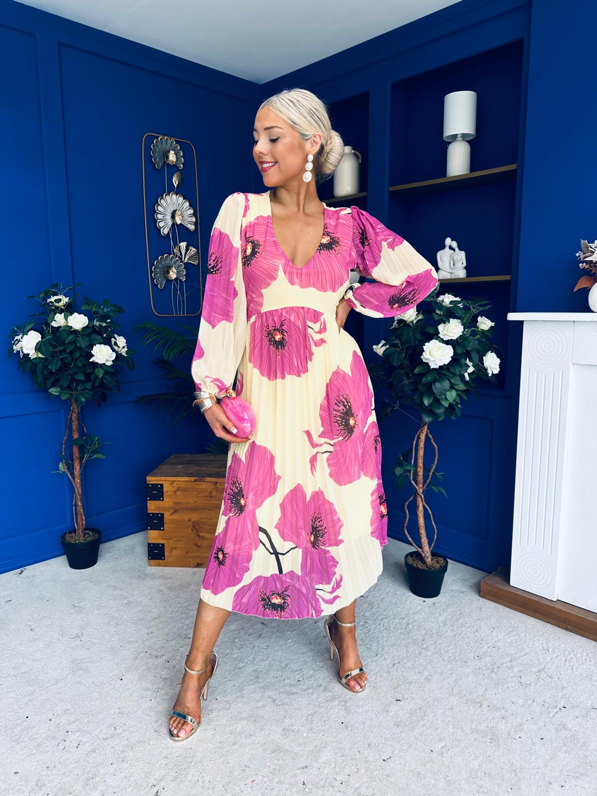 Caitriona Pleated Midi Dress Floral Yellow