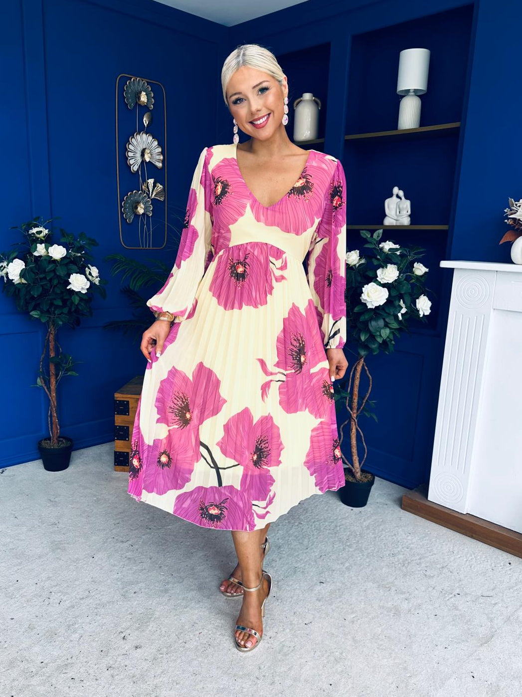 Caitriona Pleated Midi Dress Floral Yellow