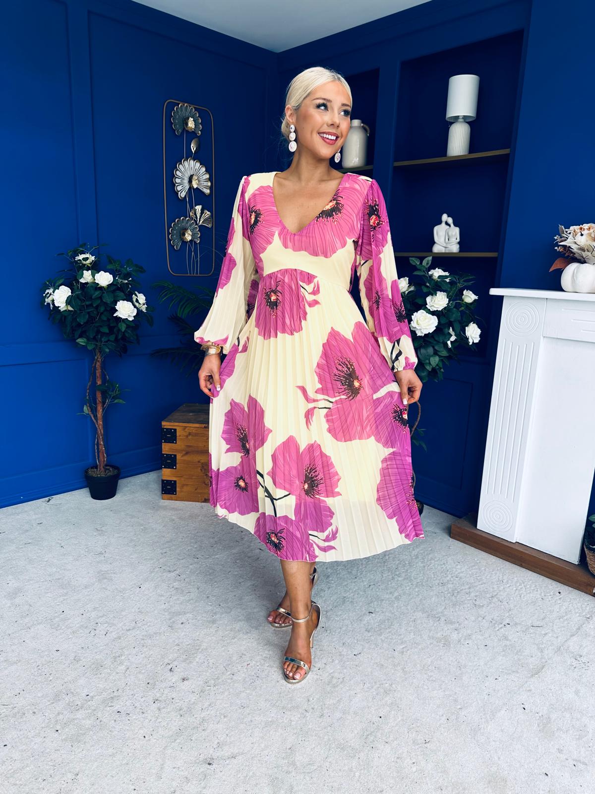 Caitriona Pleated Midi Dress Floral Yellow