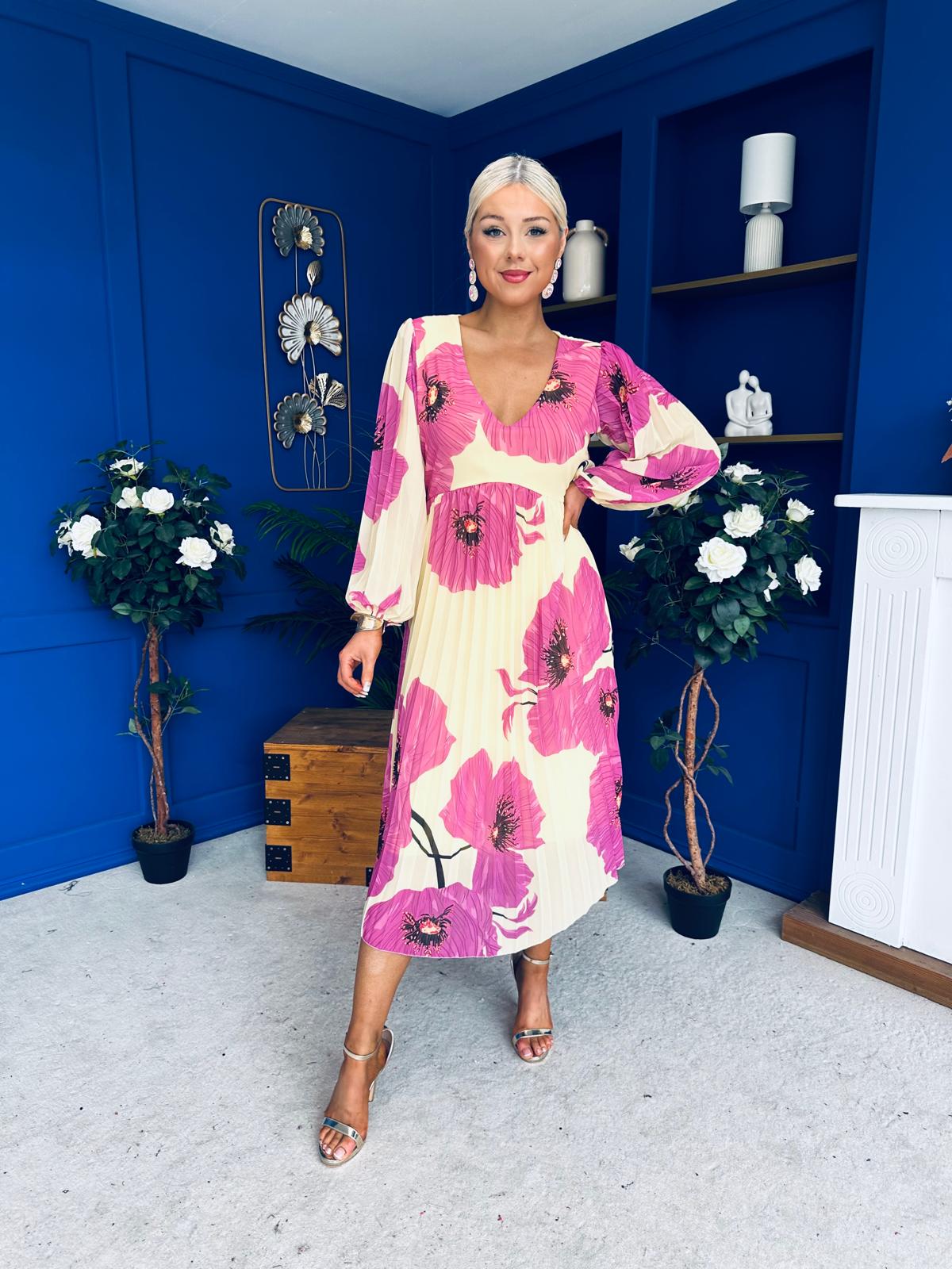 Caitriona Pleated Midi Dress Floral Yellow