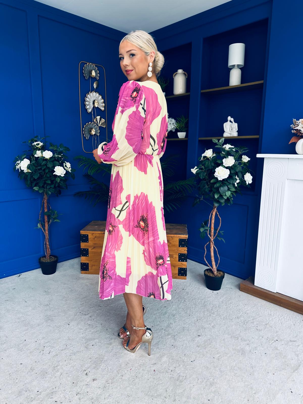 Caitriona Pleated Midi Dress Floral Yellow