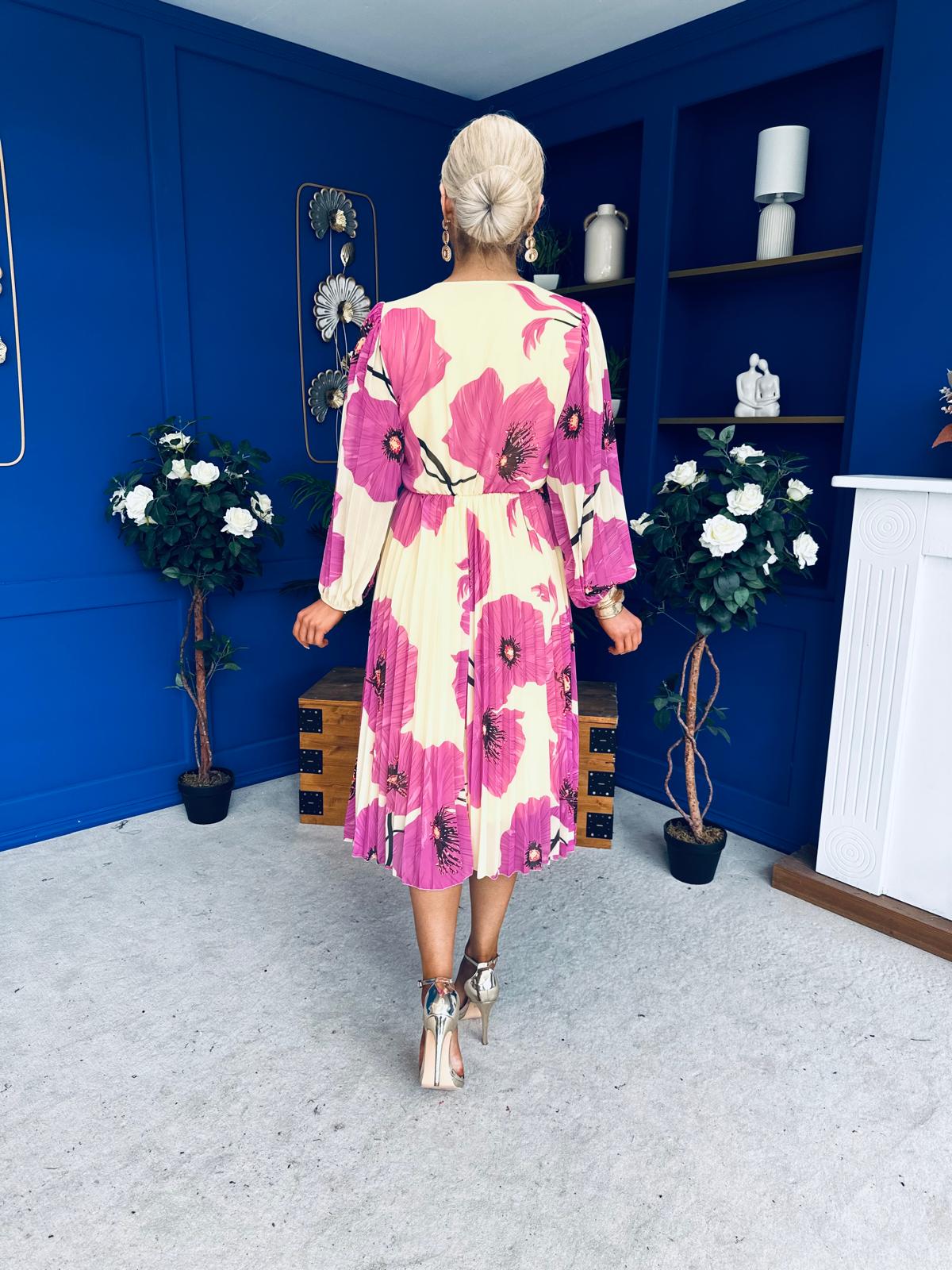 Caitriona Pleated Midi Dress Floral Yellow