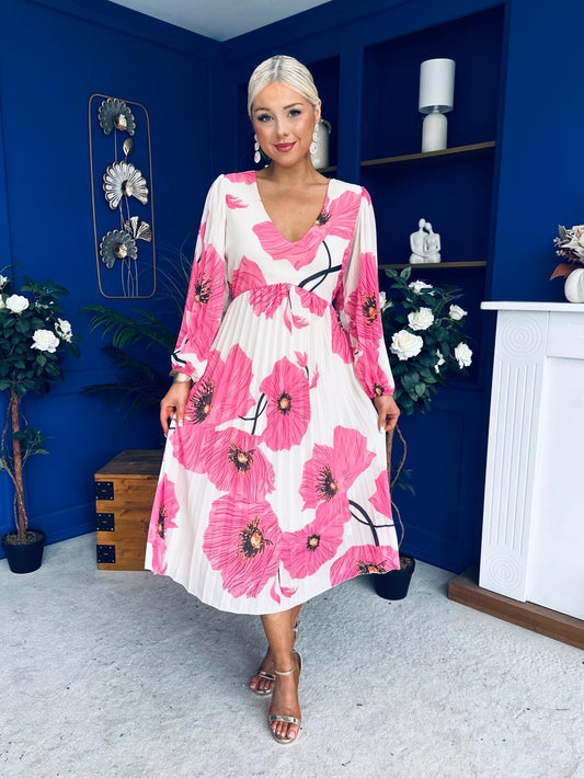 Caitriona Pleated Midi Dress Floral White