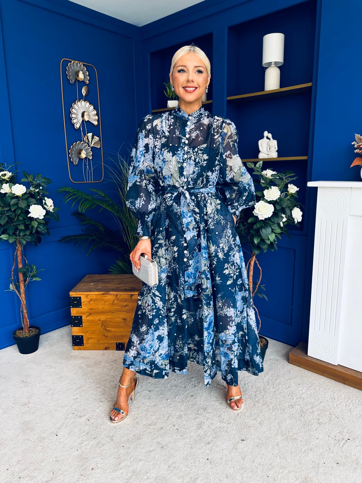 Millie Embellished Midi Shirt Dress Floral Navy