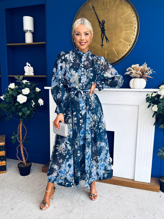 Millie Embellished Midi Shirt Dress Floral Navy