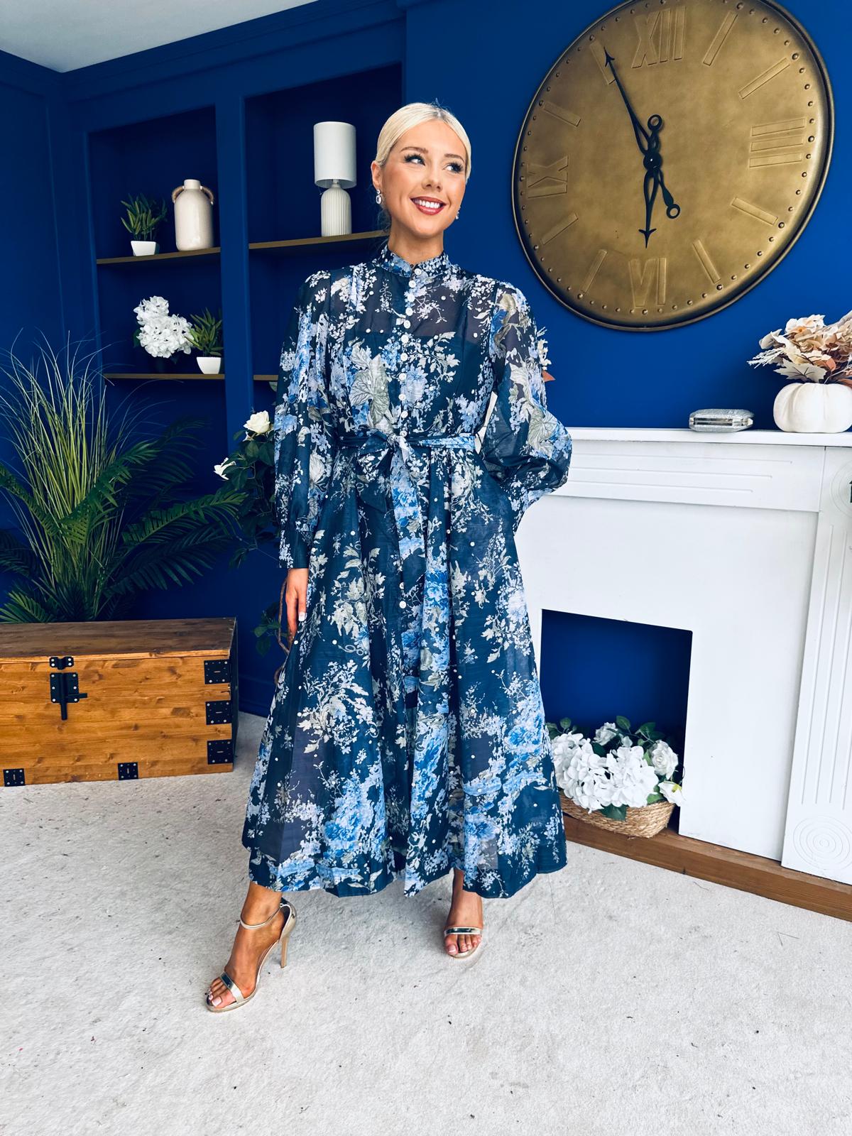 Millie Embellished Midi Shirt Dress Floral Navy