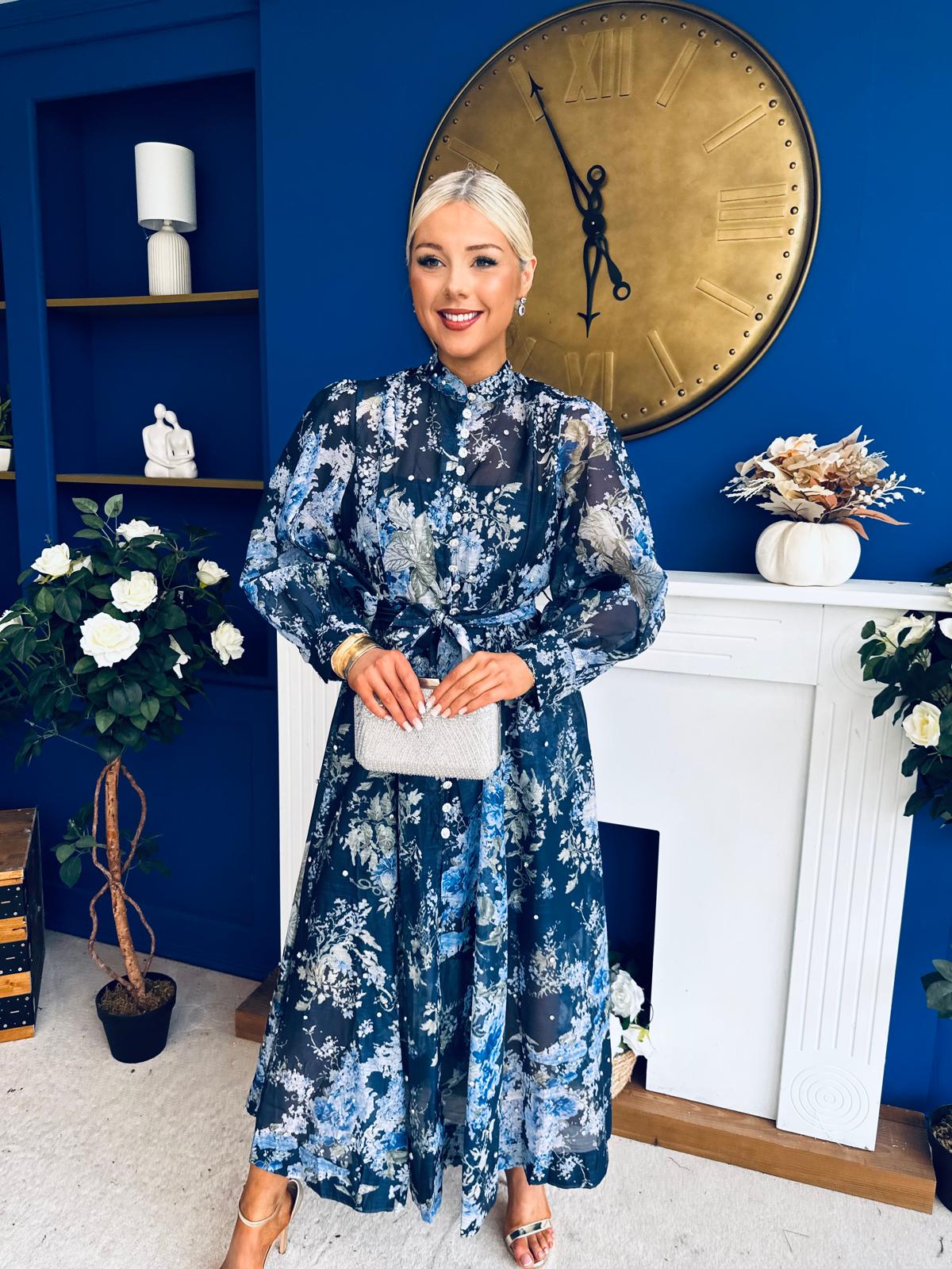navy midi shirt dress Millie Embellished Midi Shirt Dress Floral Navy