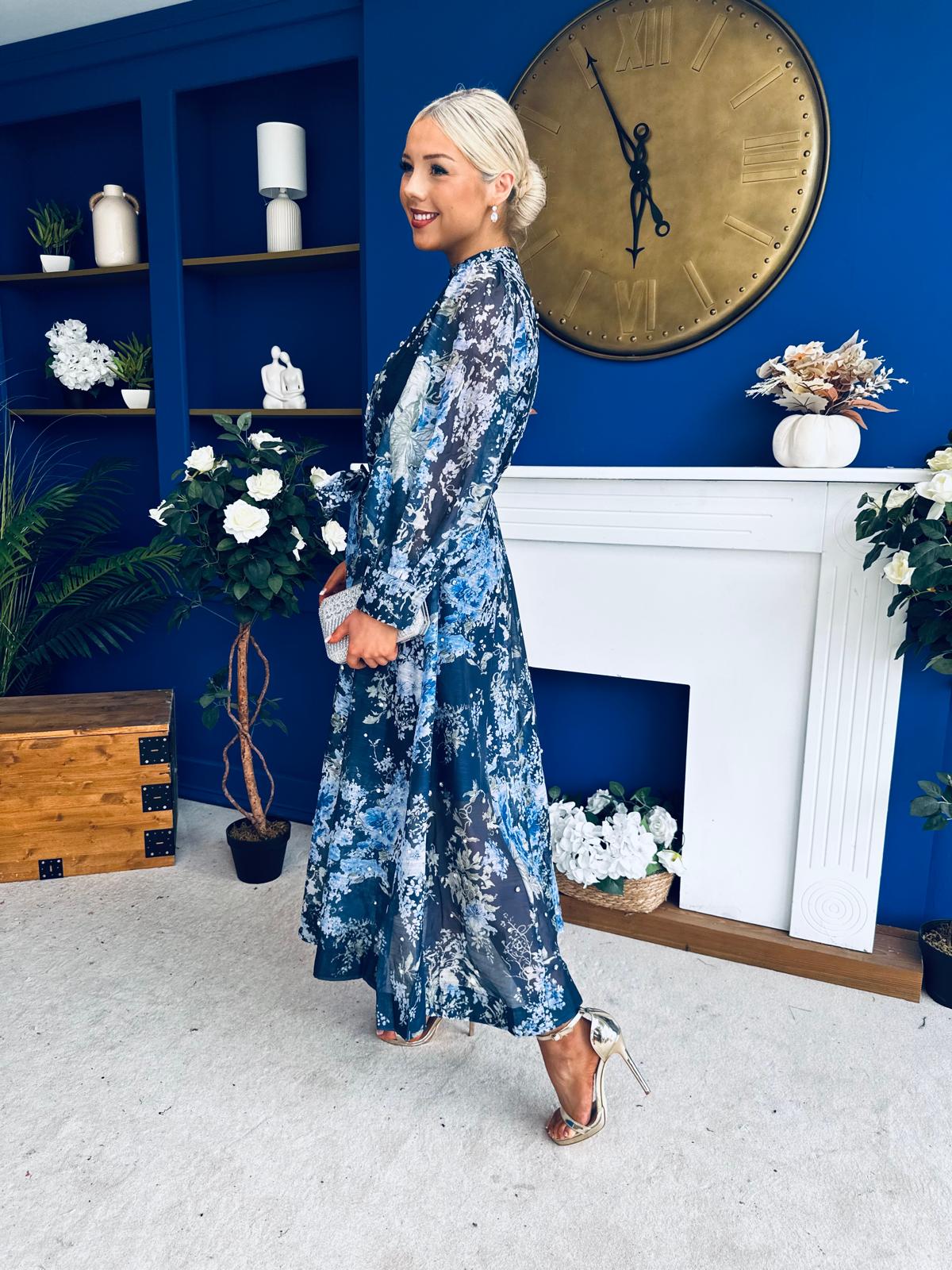 Millie Embellished Midi Shirt Dress Floral Navy