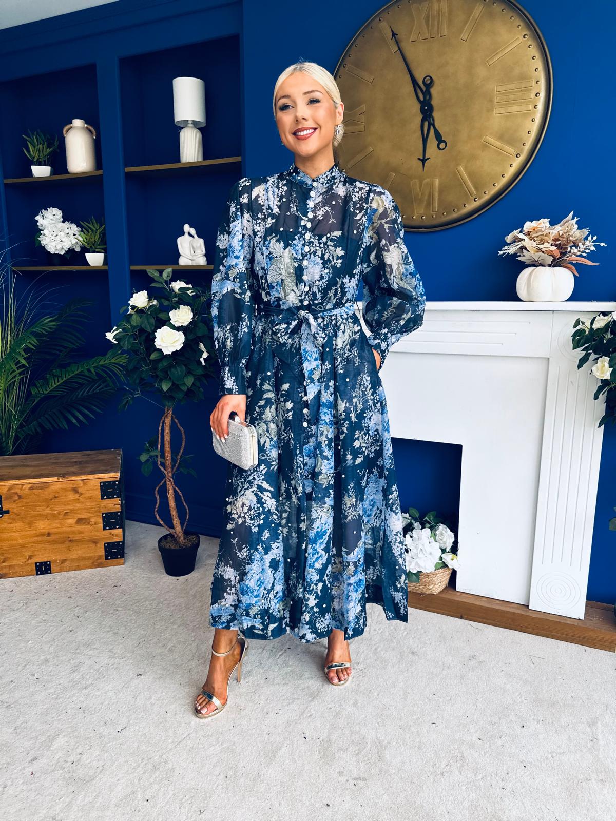 Millie Embellished Midi Shirt Dress Floral Navy