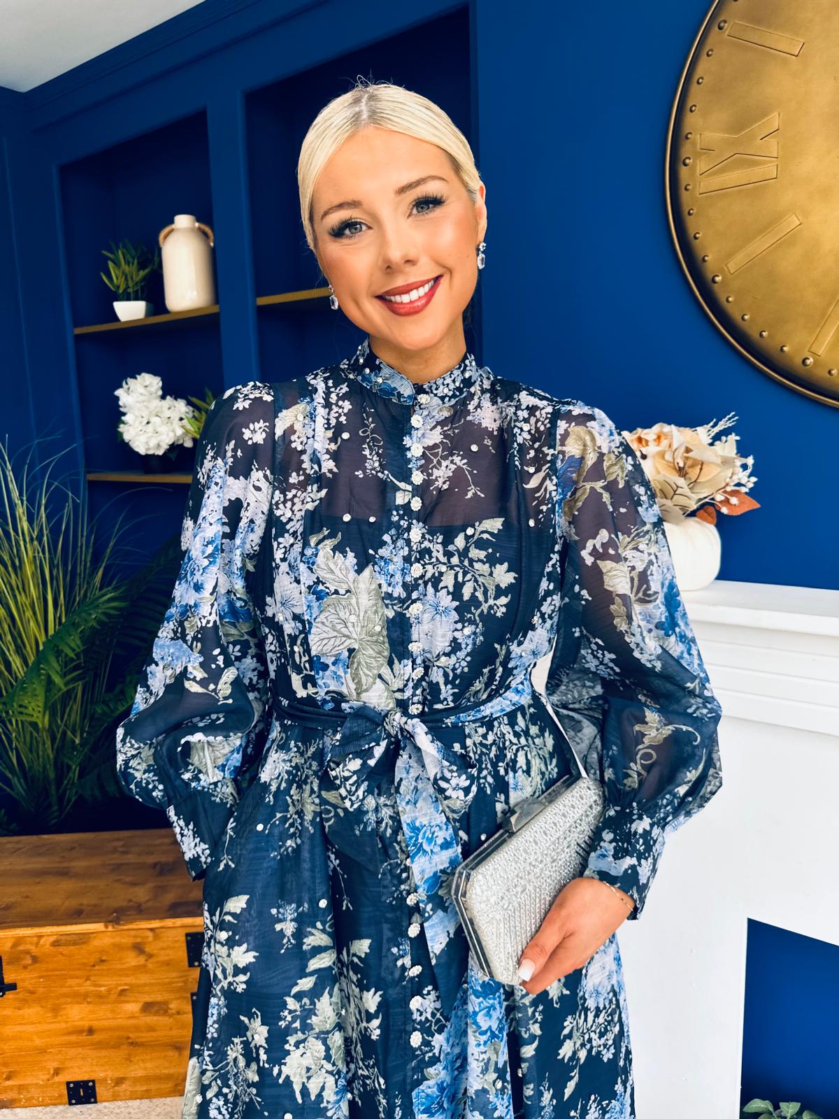 Millie Embellished Midi Shirt Dress Floral Navy