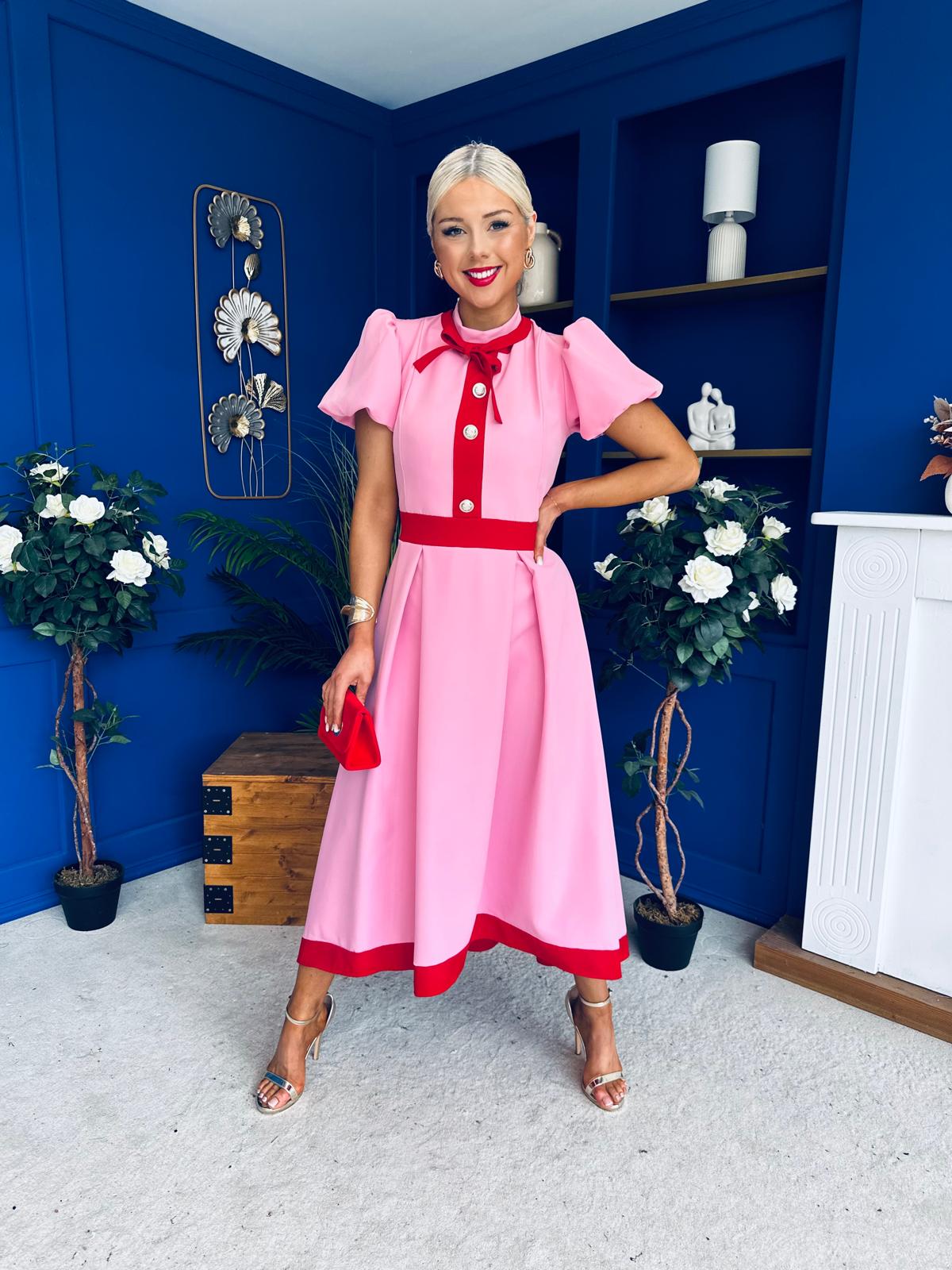 Vicky Puff Sleeve Occasion Midi Dress Pwr Pink