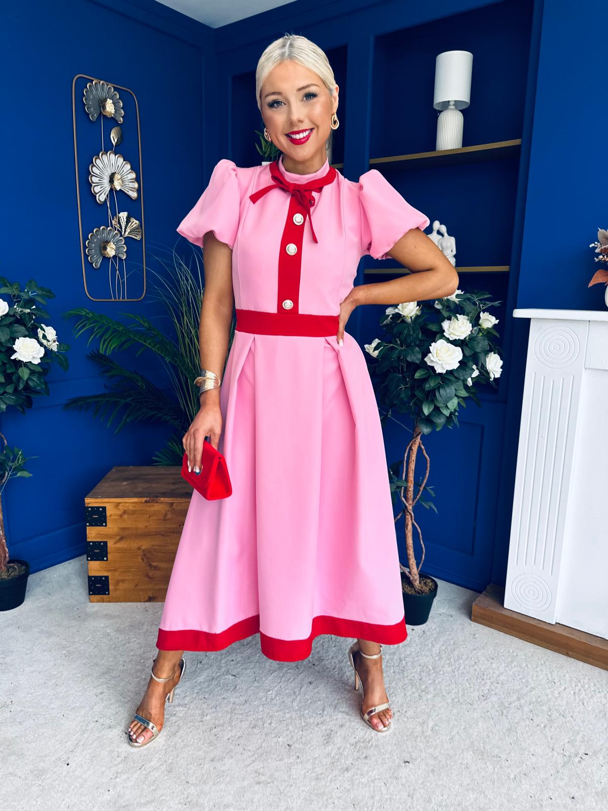 Vicky Puff Sleeve Occasion Midi Dress Pwr Pink