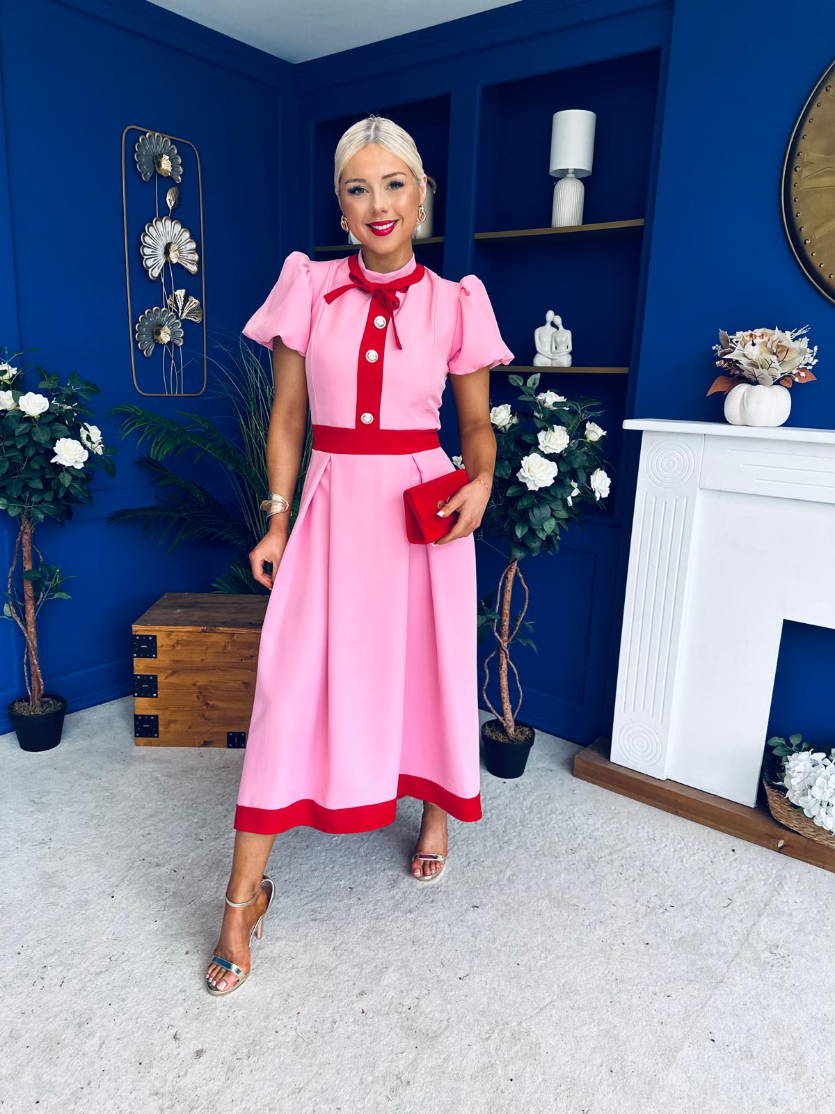 Vicky Puff Sleeve Occasion Midi Dress Pwr Pink