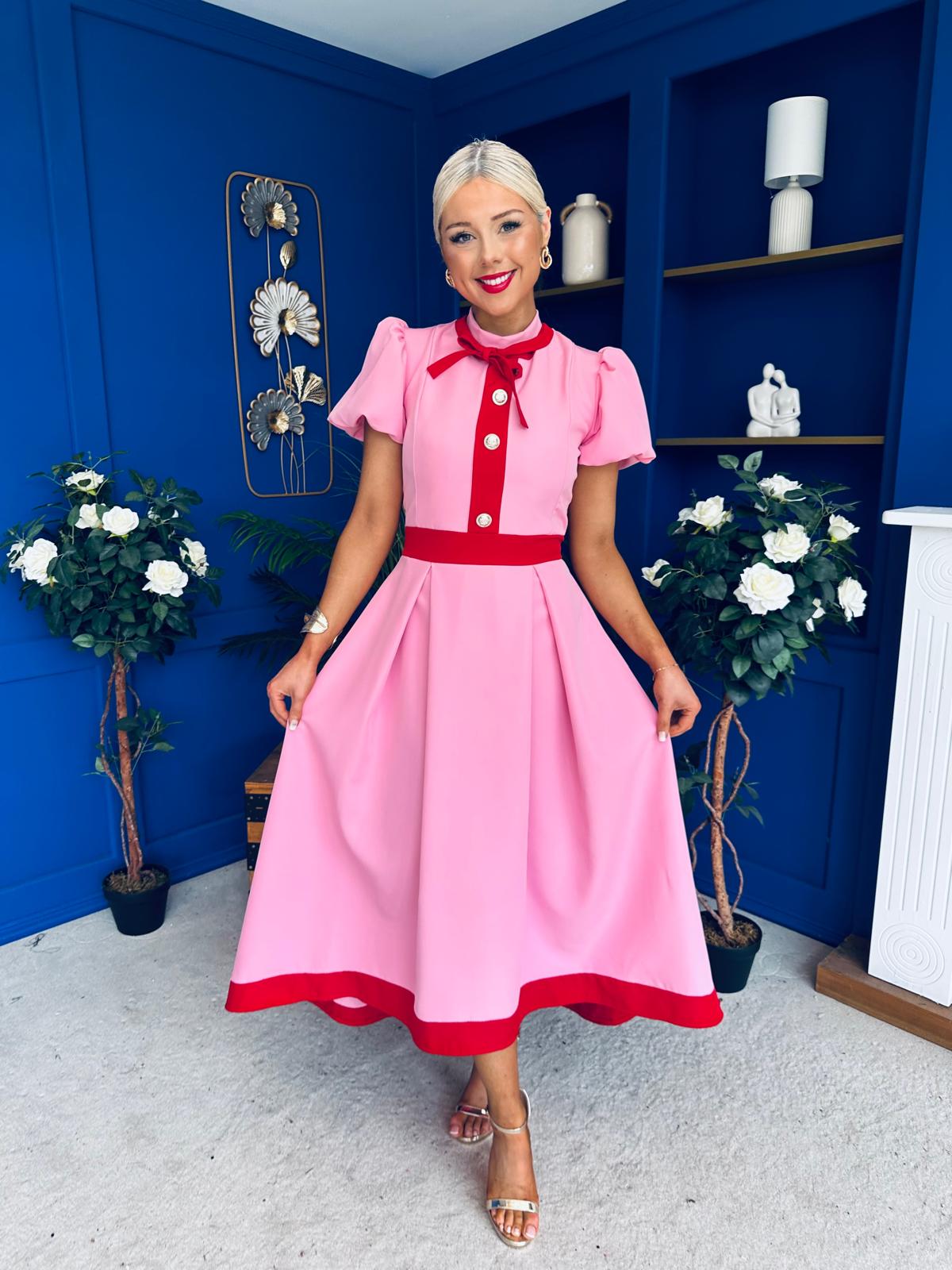 Vicky Puff Sleeve Occasion Midi Dress Pwr Pink