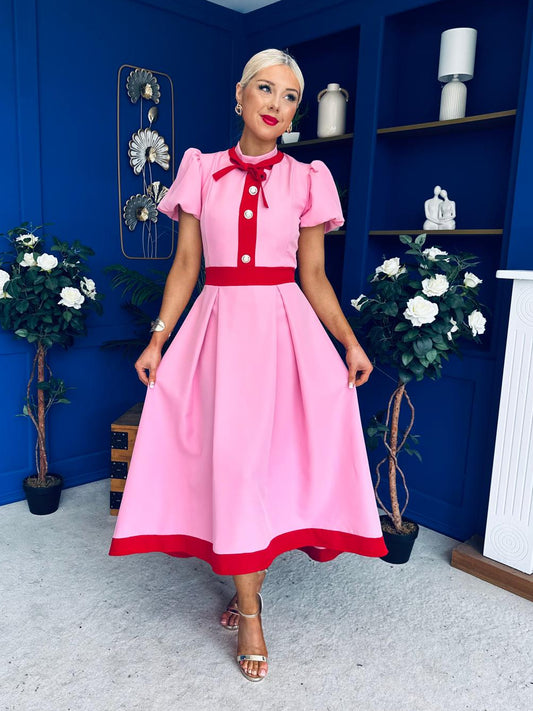 Vicky Puff Sleeve Occasion Midi Dress Pwr Pink