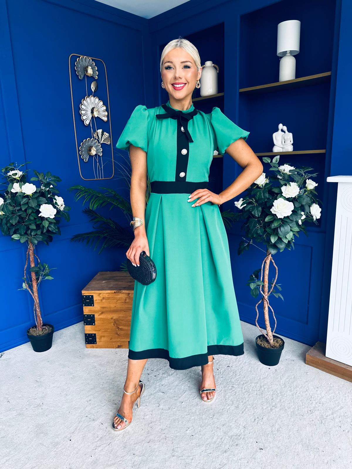 Vicky Puff Sleeve Occasion Midi Dress Emerald