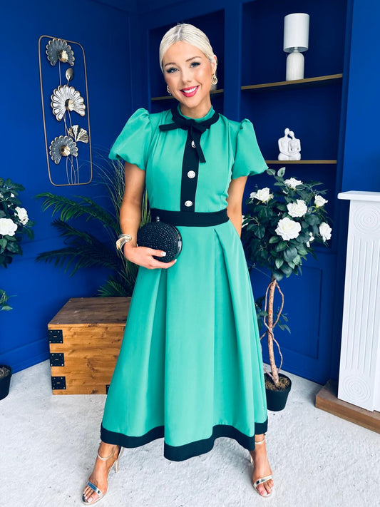 Vicky Puff Sleeve Occasion Midi Dress Emerald