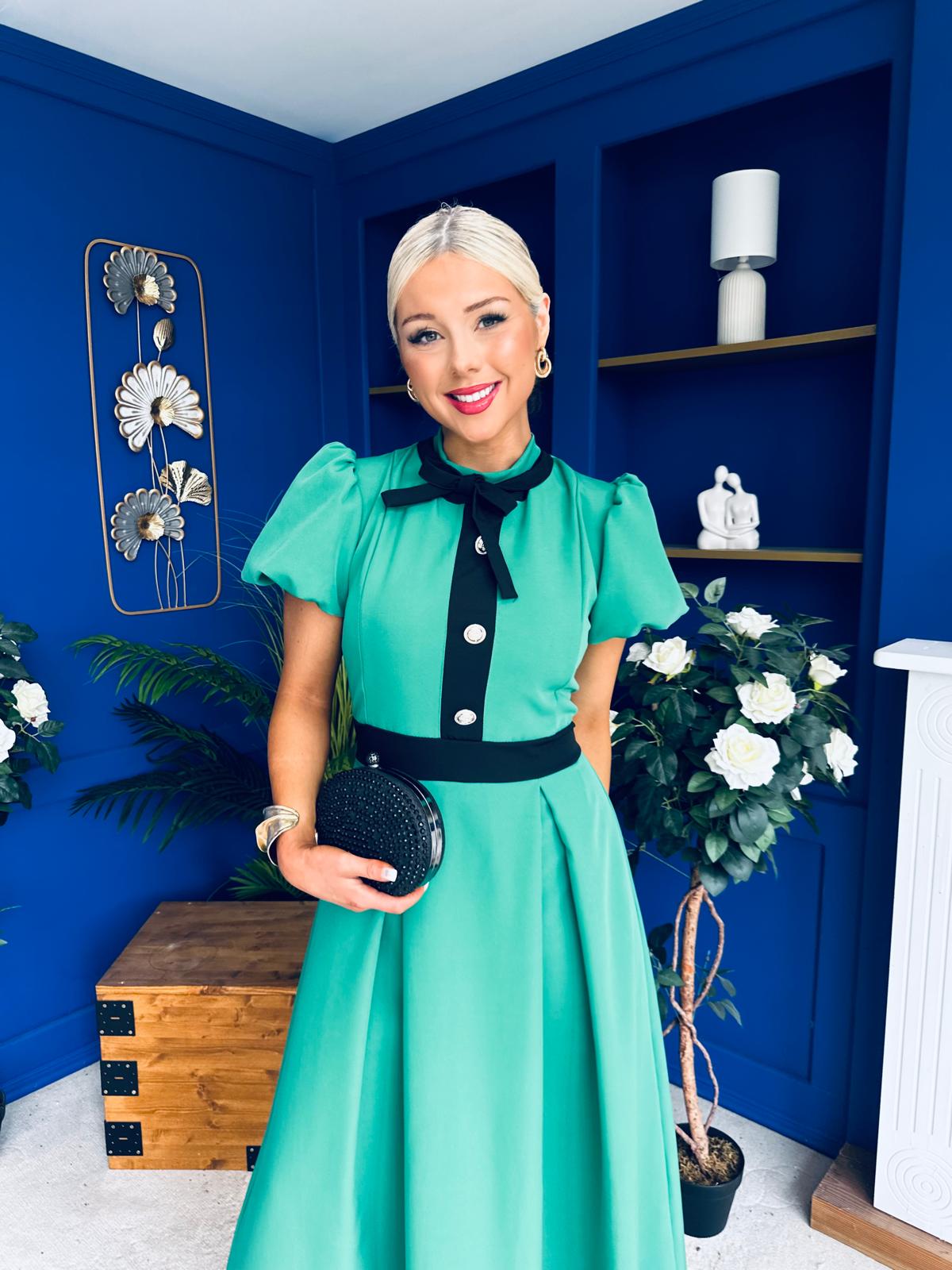 Vicky Puff Sleeve Occasion Midi Dress Emerald