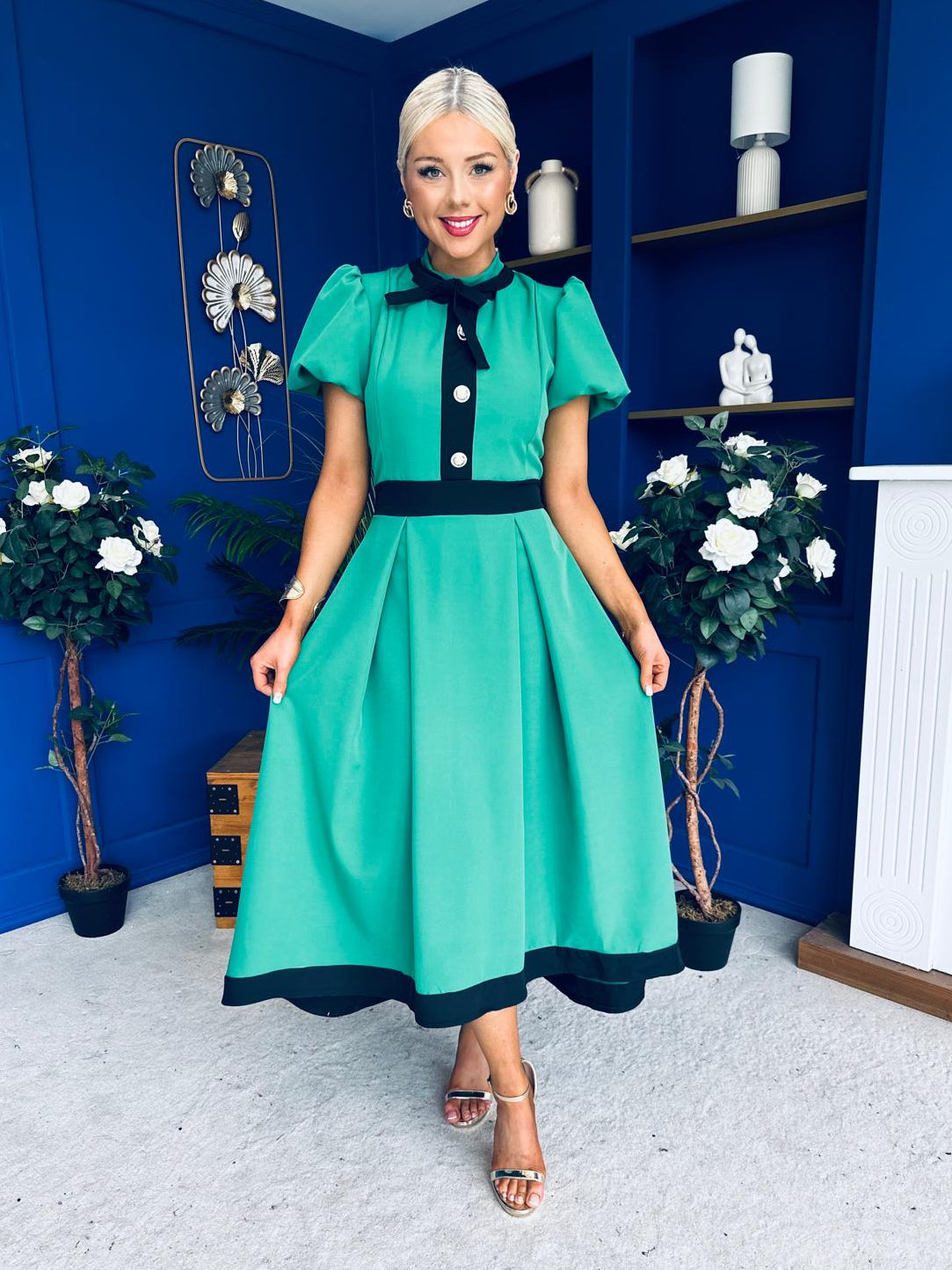 Vicky Puff Sleeve Occasion Midi Dress Emerald
