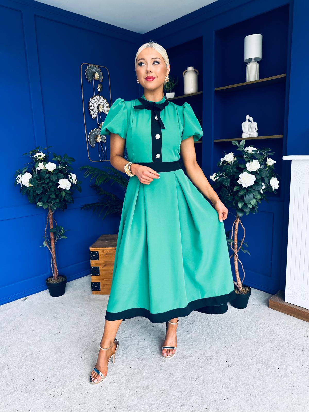 Vicky Puff Sleeve Occasion Midi Dress Emerald
