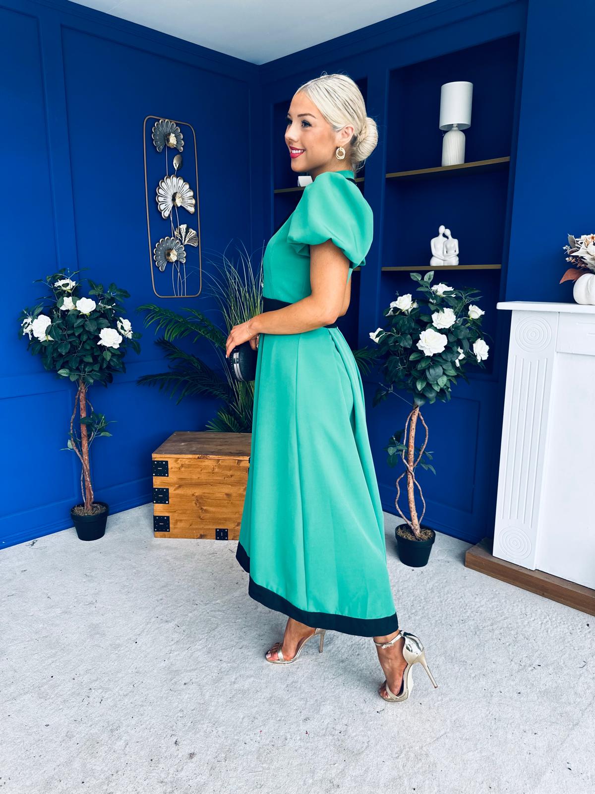 Vicky Puff Sleeve Occasion Midi Dress Emerald