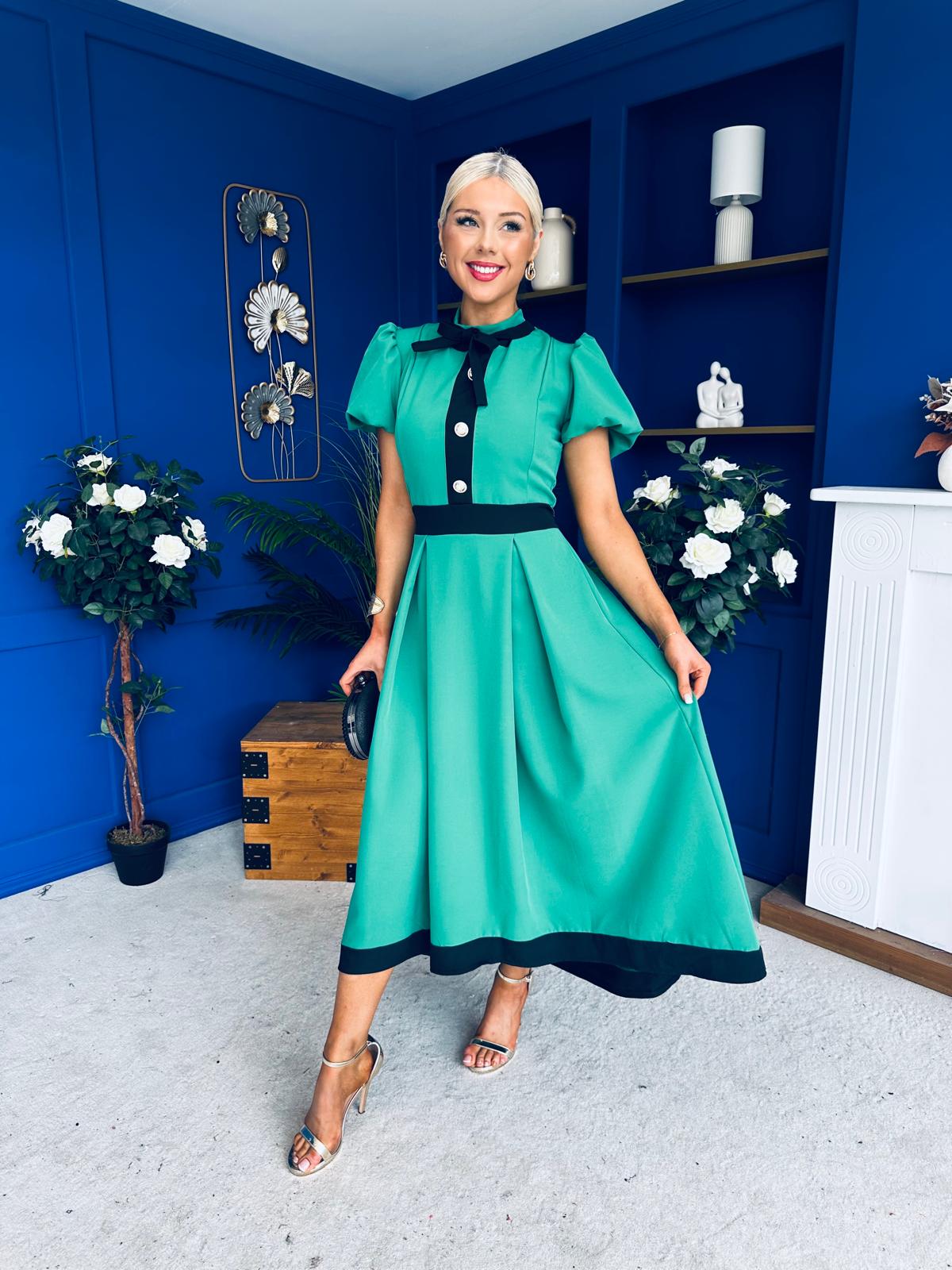 Vicky Puff Sleeve Occasion Midi Dress Emerald