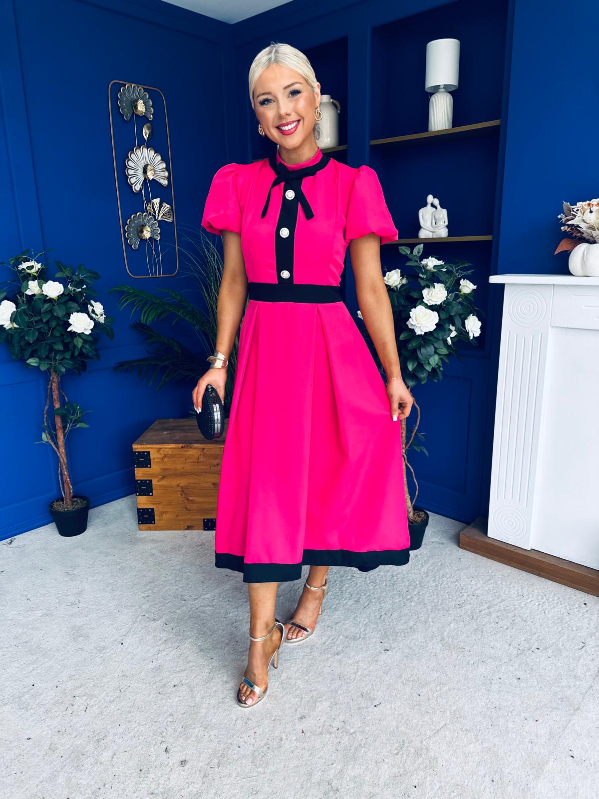 Vicky Puff Sleeve Occasion Midi Dress Raspberry Pink