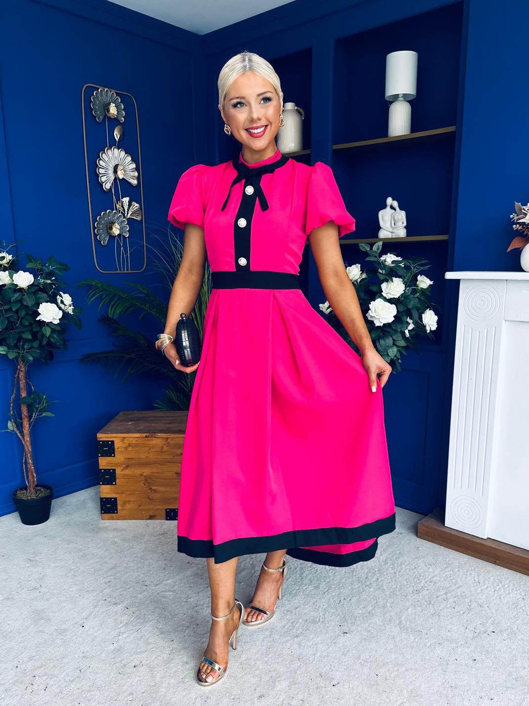 Vicky Puff Sleeve Occasion Midi Dress Raspberry Pink