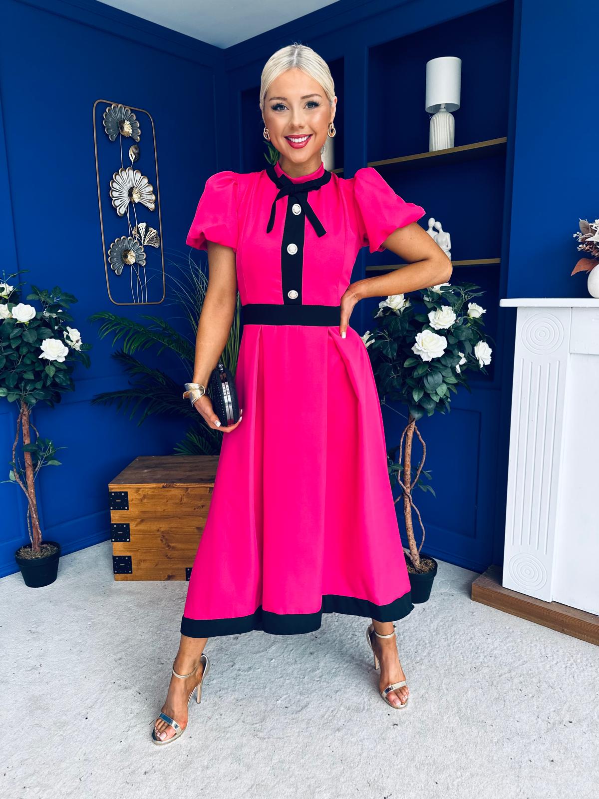 Vicky Puff Sleeve Occasion Midi Dress Raspberry Pink