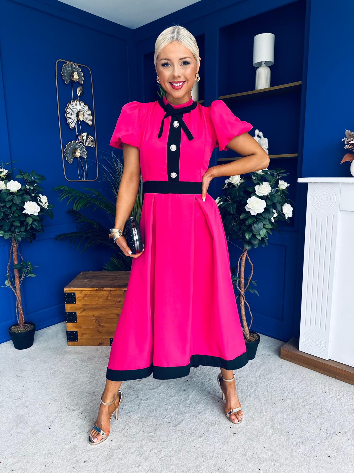 Vicky Puff Sleeve Occasion Midi Dress Raspberry Pink