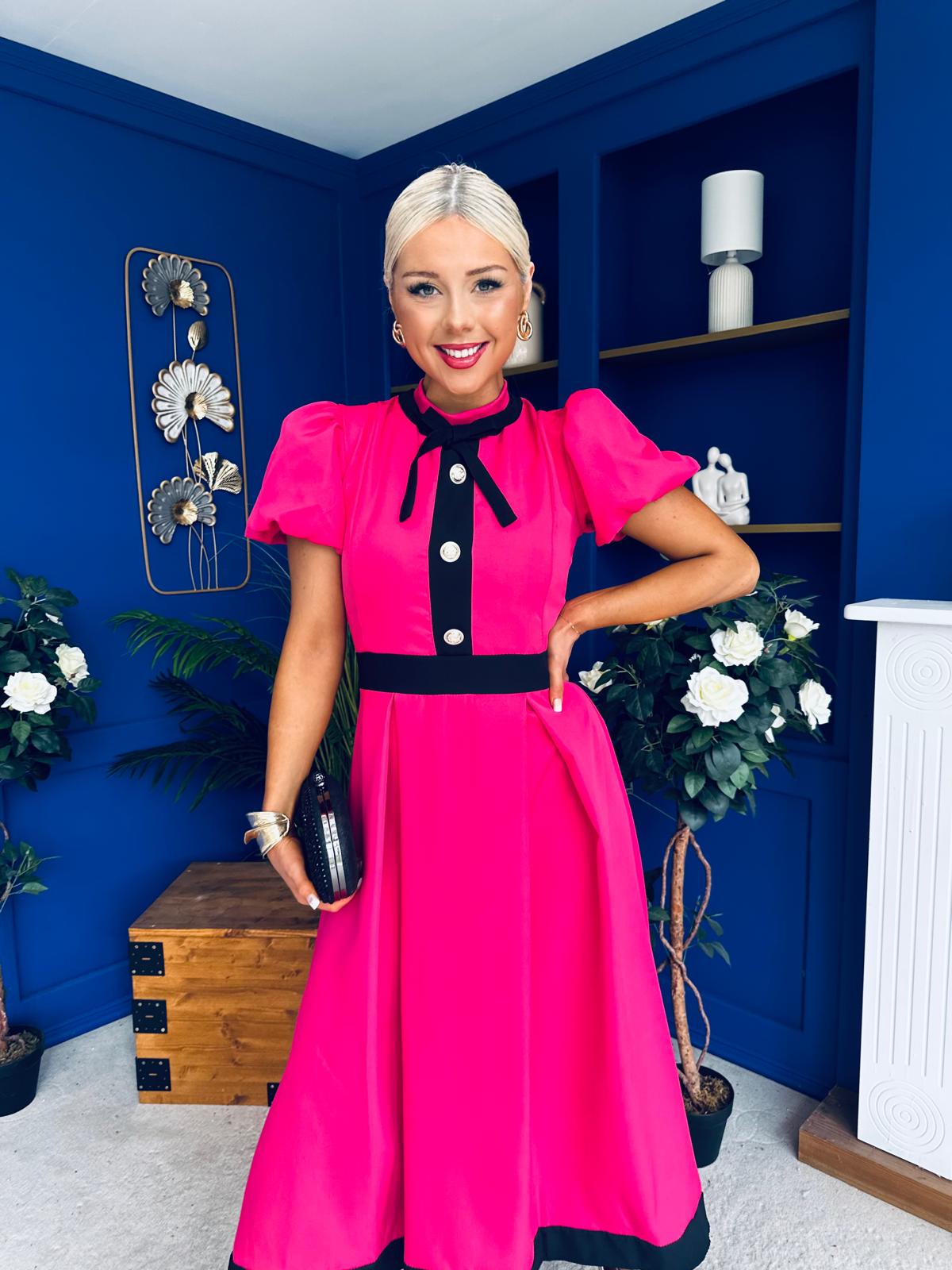 Vicky Puff Sleeve Occasion Midi Dress Raspberry Pink