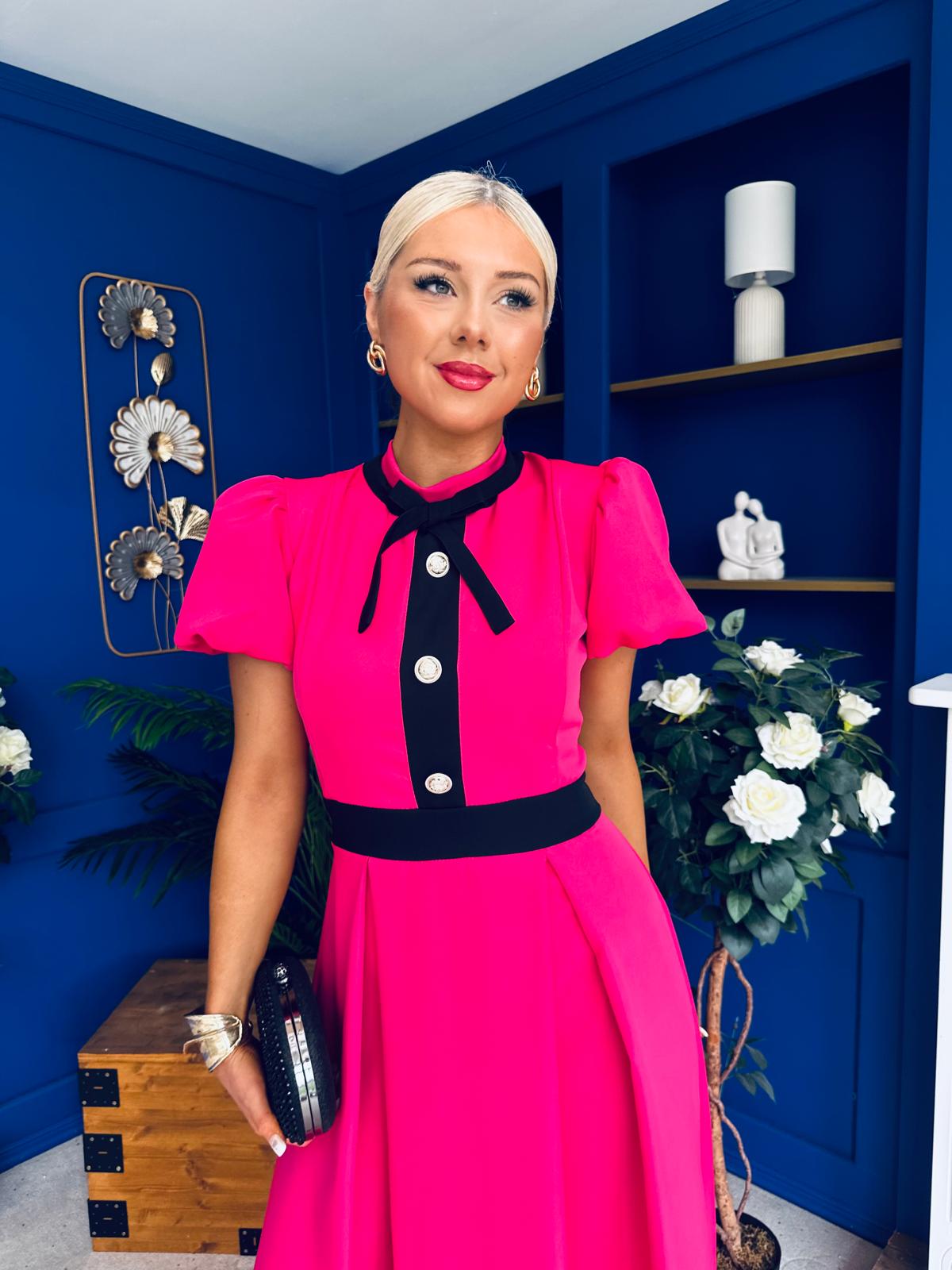 Vicky Puff Sleeve Occasion Midi Dress Raspberry Pink
