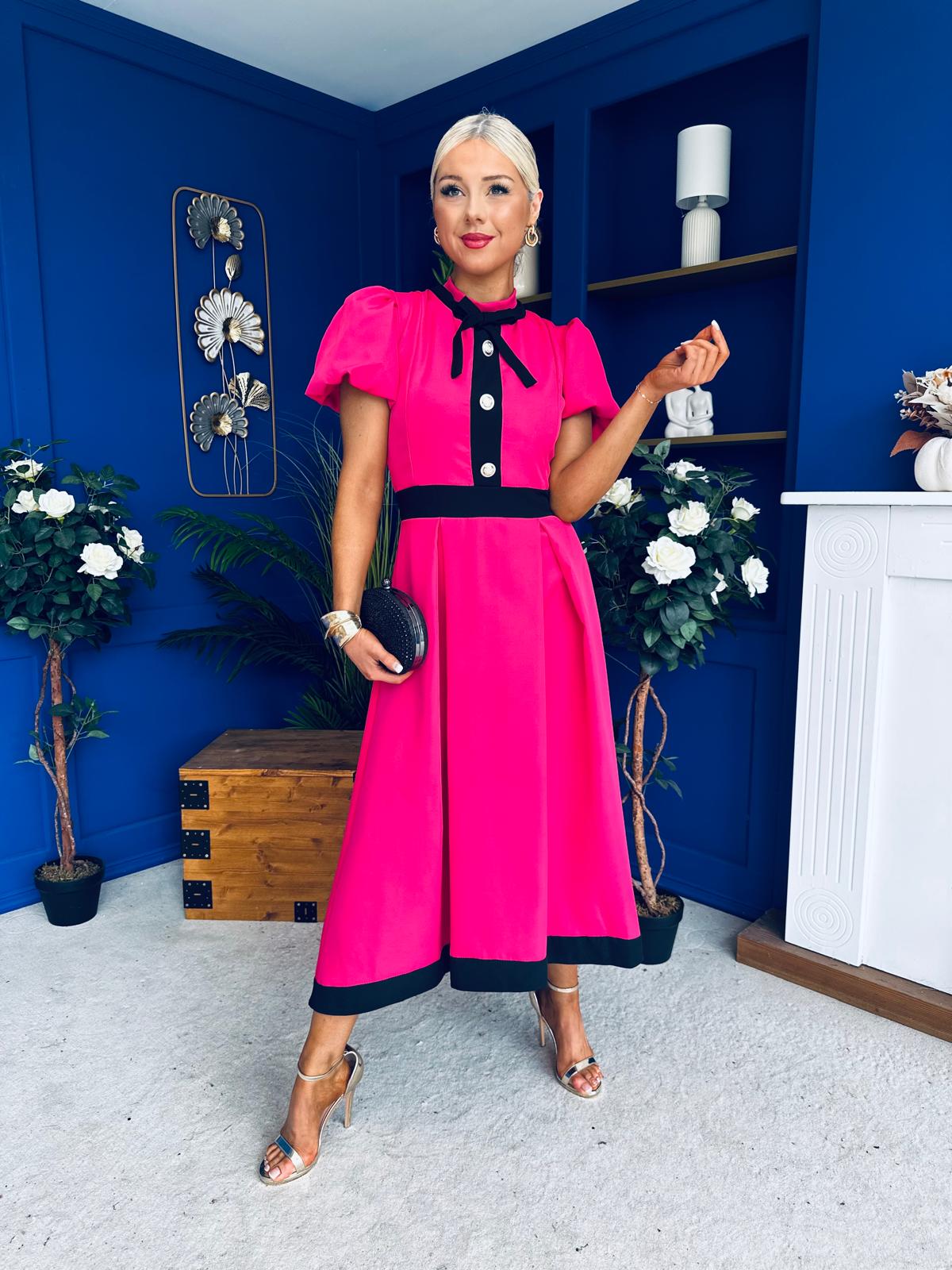 Vicky Puff Sleeve Occasion Midi Dress Raspberry Pink