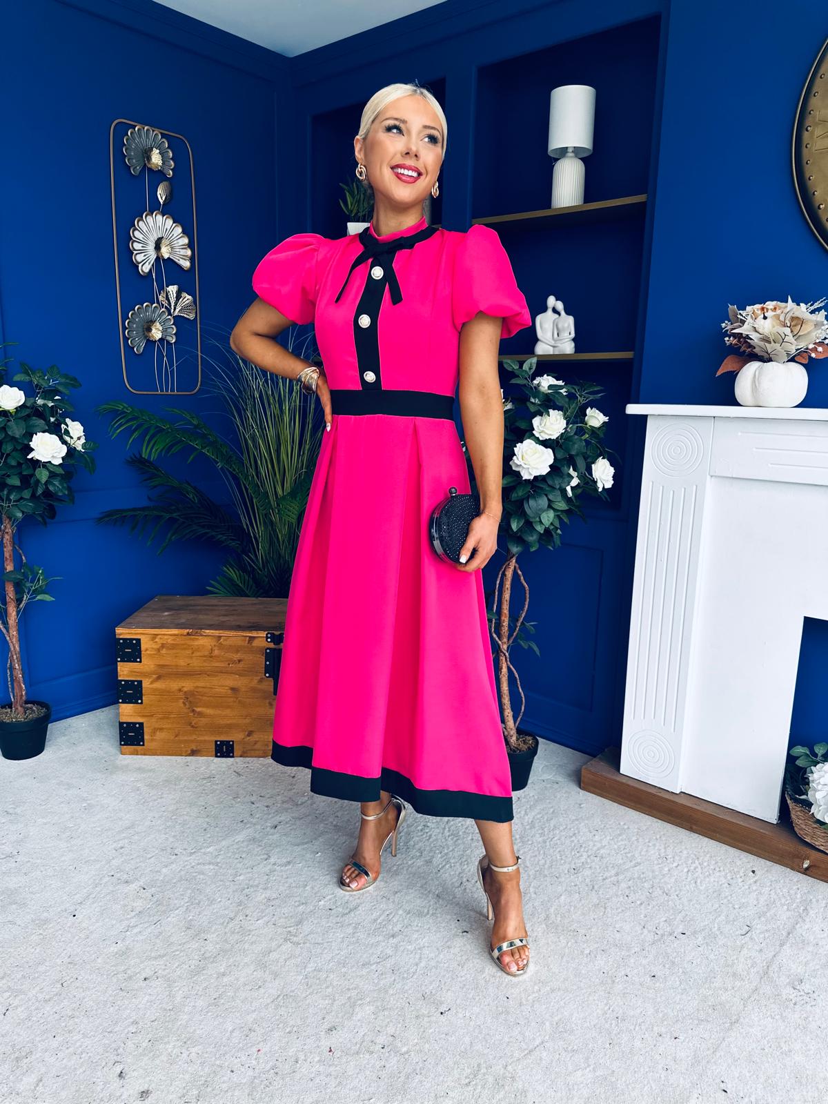 Vicky Puff Sleeve Occasion Midi Dress Raspberry Pink