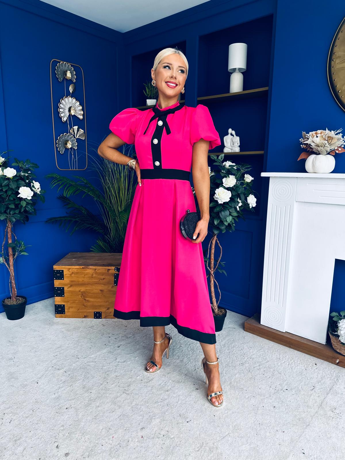 Vicky Puff Sleeve Occasion Midi Dress Raspberry Pink