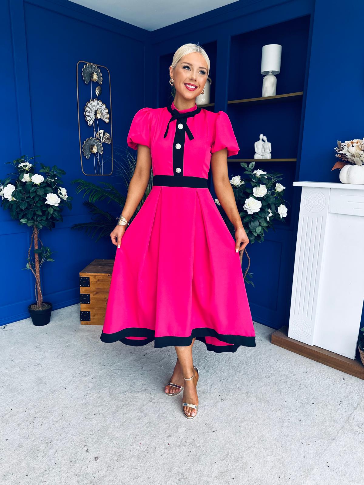 Vicky Puff Sleeve Occasion Midi Dress Raspberry Pink