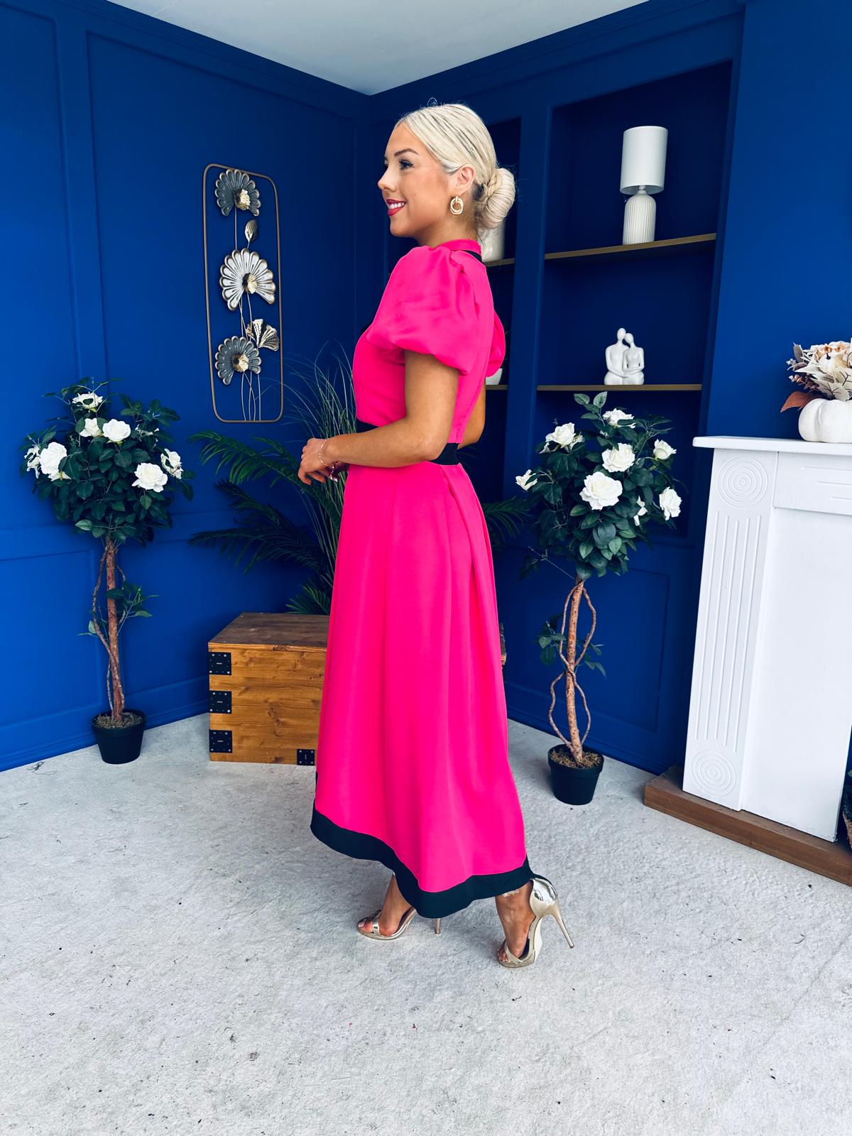 Vicky Puff Sleeve Occasion Midi Dress Raspberry Pink