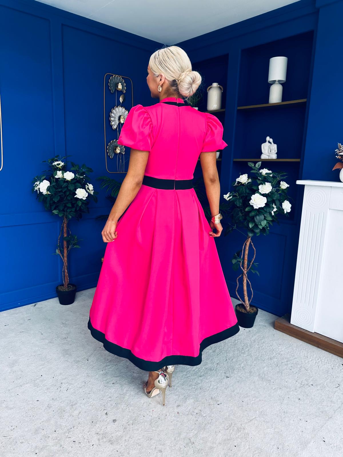 Vicky Puff Sleeve Occasion Midi Dress Raspberry Pink