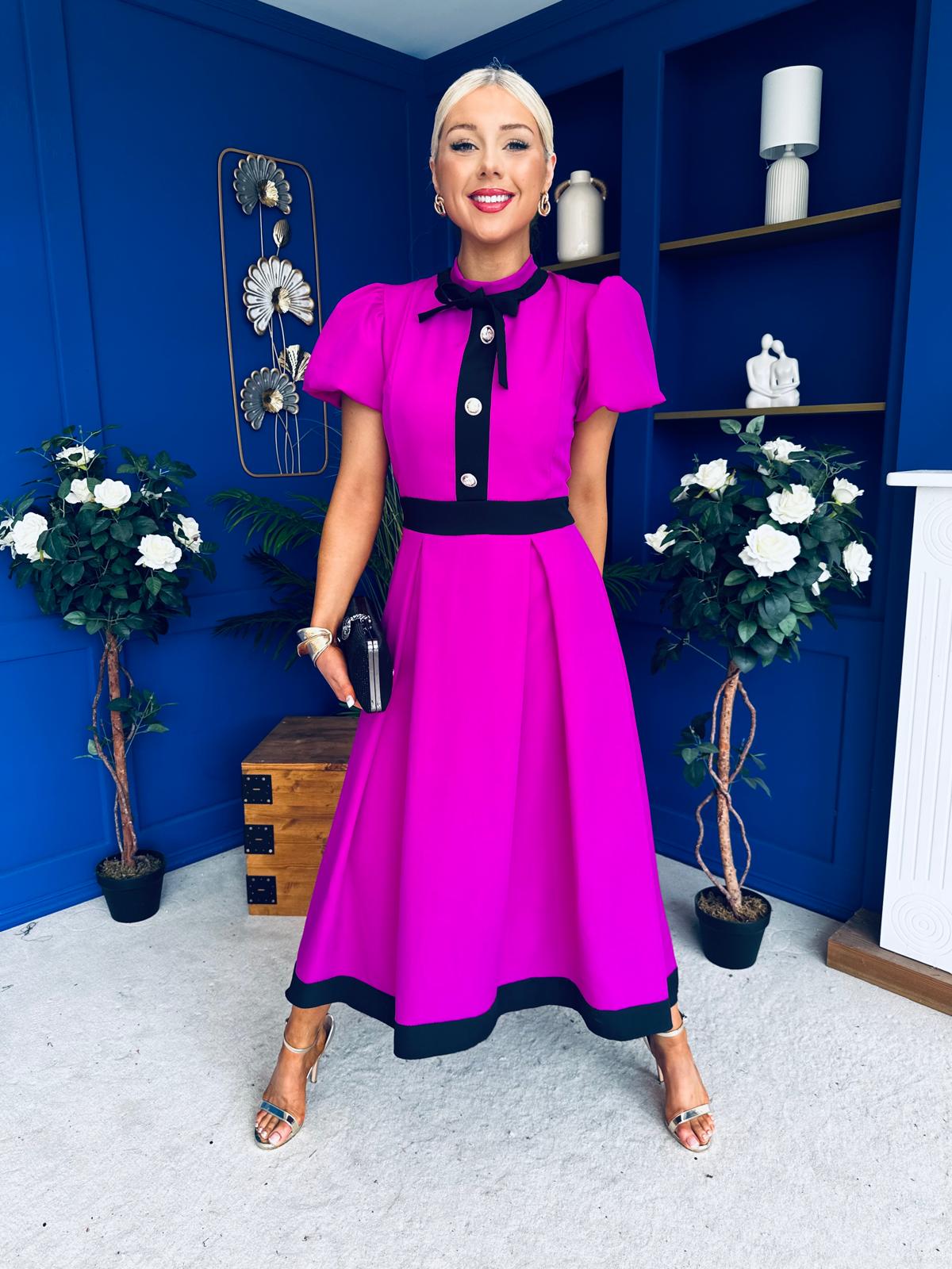 Vicky Puff Sleeve Occasion Midi Dress Orchid