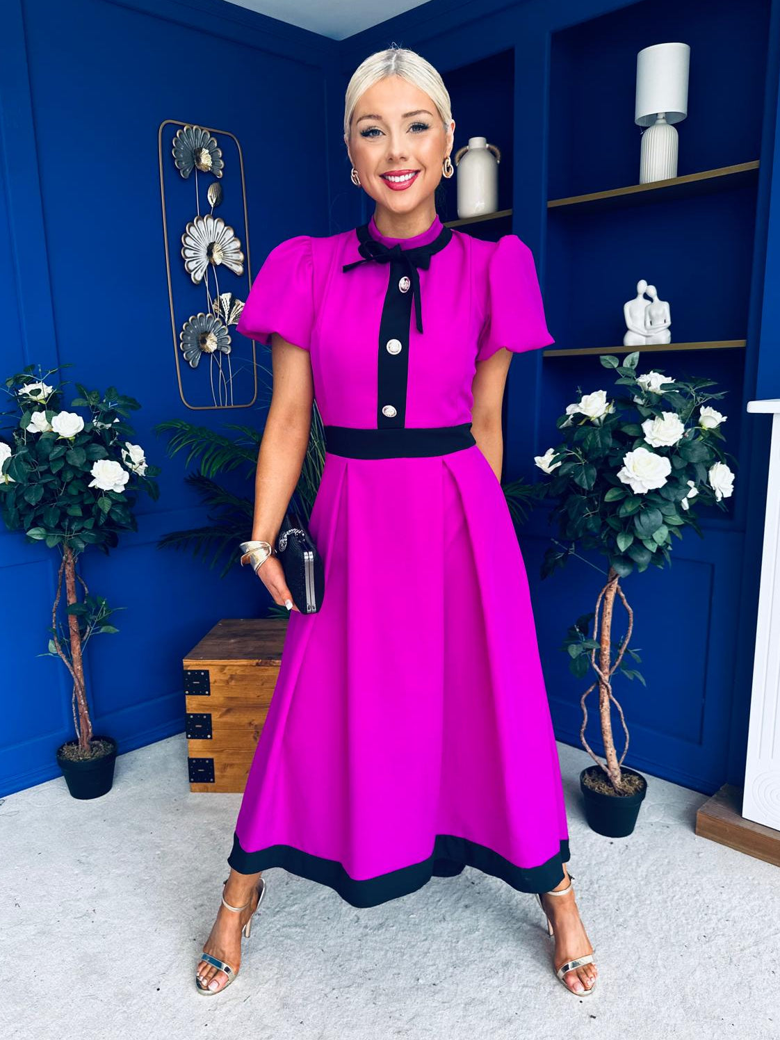 Vicky Puff Sleeve Occasion Midi Dress Orchid