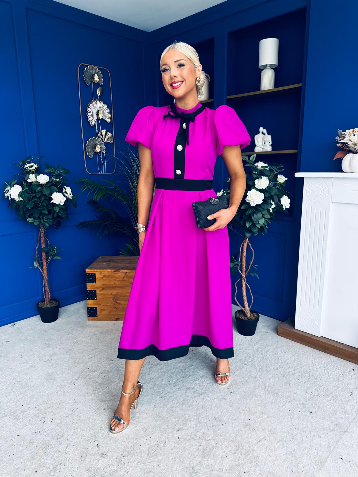 Vicky Puff Sleeve Occasion Midi Dress Orchid