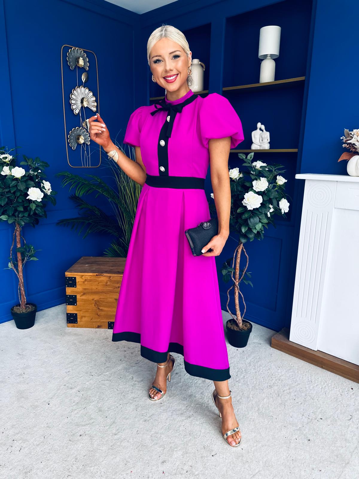 Vicky Puff Sleeve Occasion Midi Dress Orchid