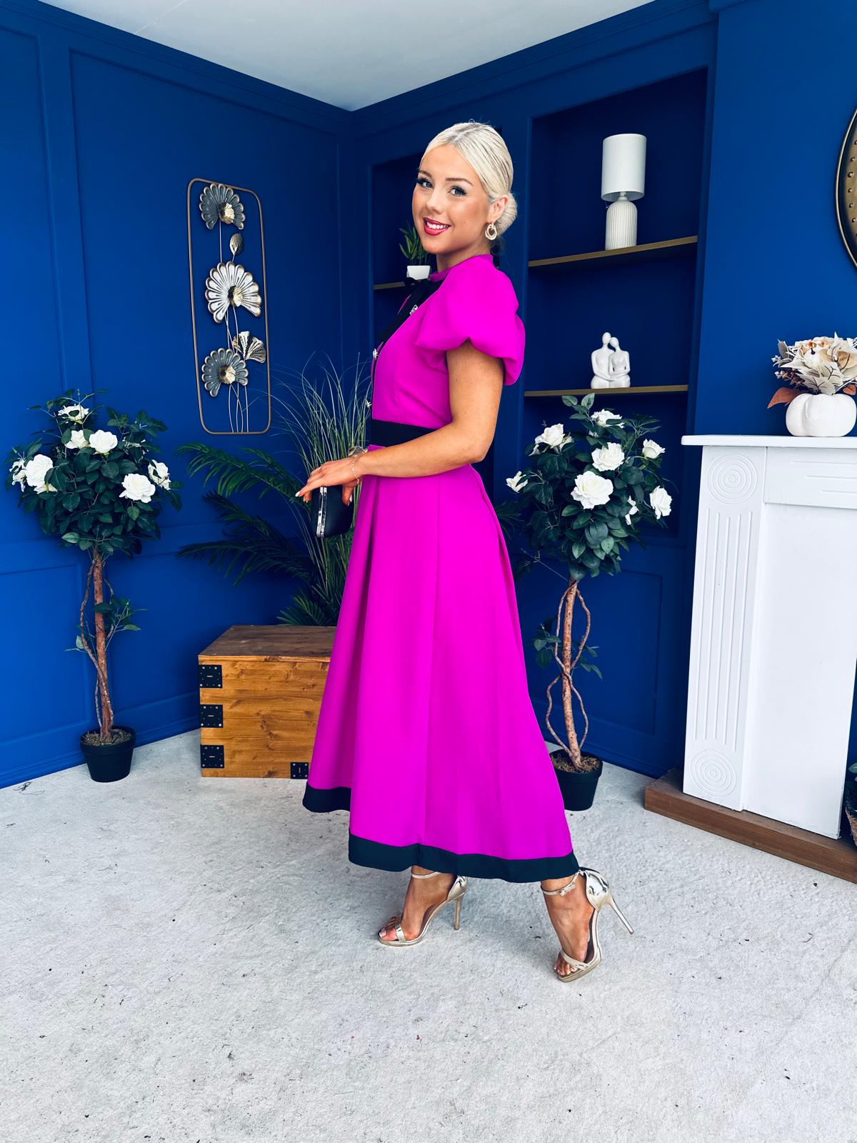 Vicky Puff Sleeve Occasion Midi Dress Orchid